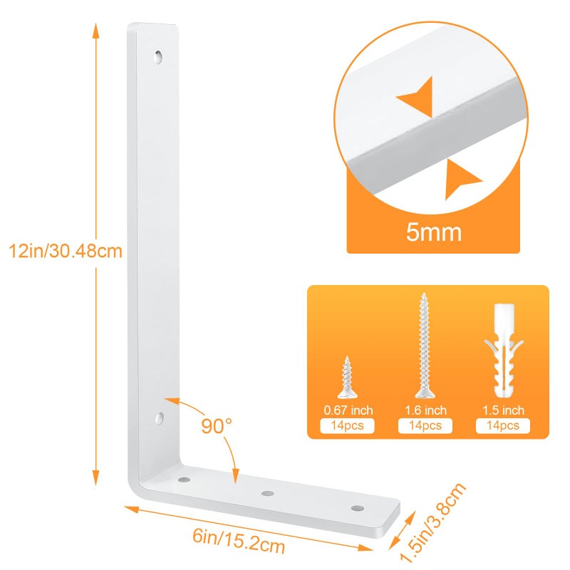 Aunulahca White Floating Shelf Bracket 12 Inch, 6 Pack Heavy Duty Shelf Brackets, Wall Shelf Bracket for DIY Decorative with Mounting Hardware - Image 5
